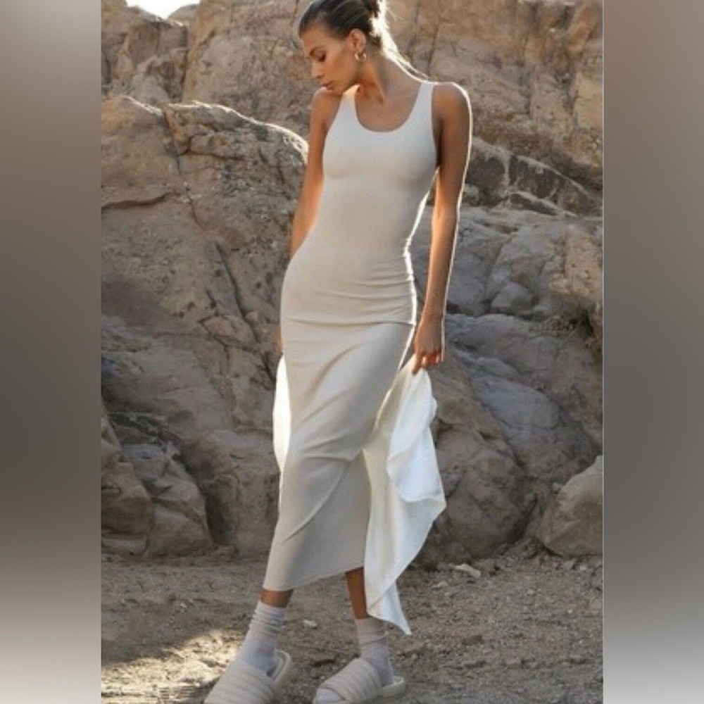 Joah Brown Bodycon Maxi Dress Dune Flexrib XS/S Tank Dress Scoop Neck Beige Dune